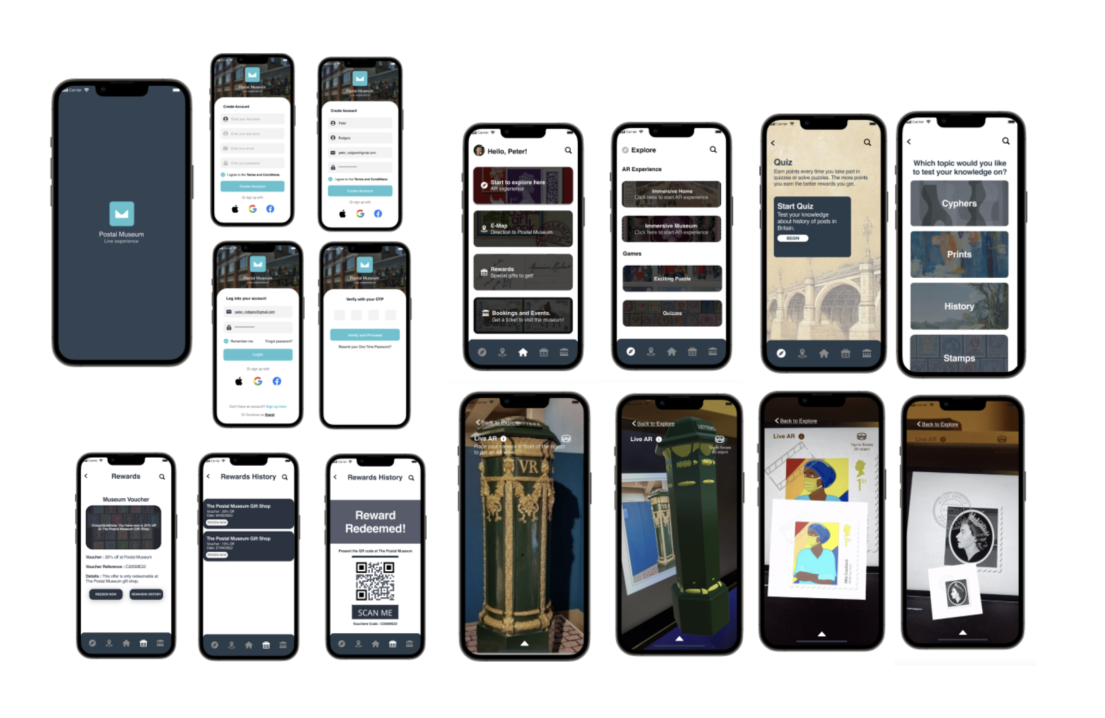 Postal Museum AR app high-fidelity UI