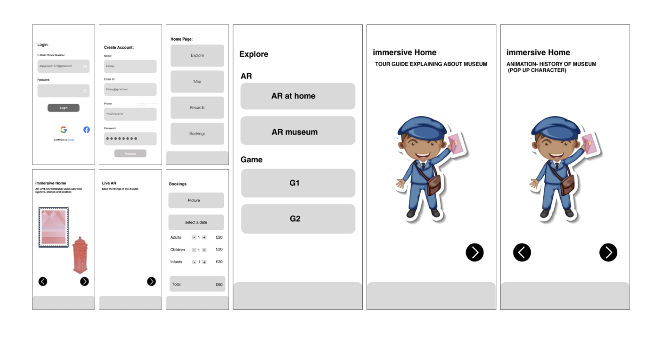 Postal Museum AR app low-fidelity UI
