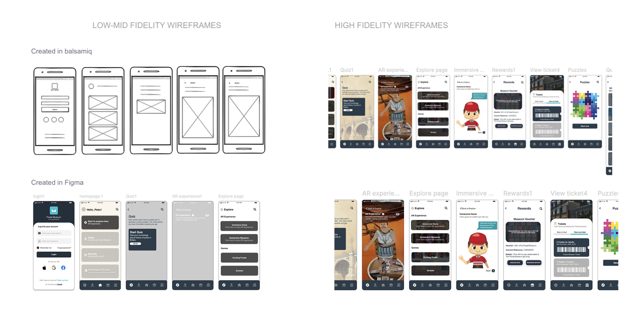Postal Museum AR app wireframes